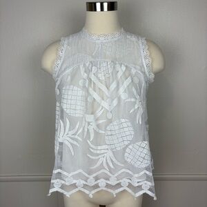 Anthropologie Maeve Petite Pineapple Lace Sleeveless Blouse Sz 6P White Delicate